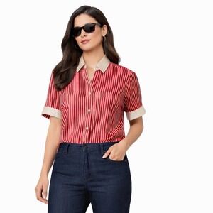 Chloe Red White Stripe Button Up Short Sleeve‎ Collared Shirt Size 46 Large